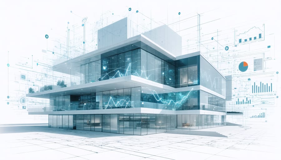 Digital twin of a smart building showing real-time energy monitoring and AI analysis interfaces