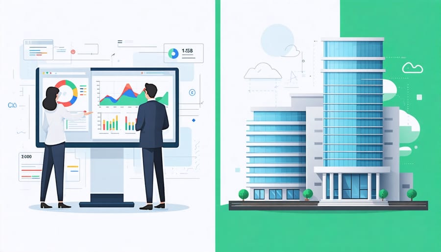 Visual comparison of asset manager working with investment data versus property manager conducting building inspection