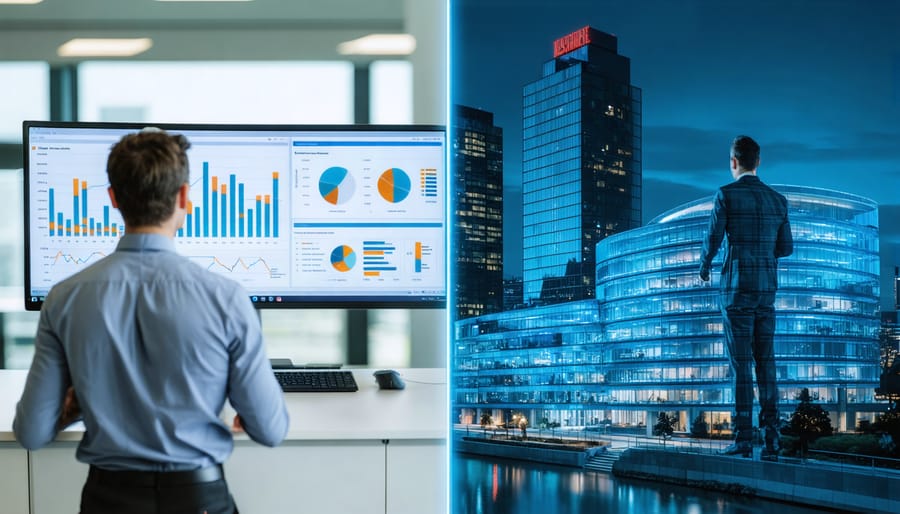 A split-screen image illustrating the contrast between an asset manager reviewing financial charts and a property manager inspecting a building, highlighting their distinct roles in real estate management.