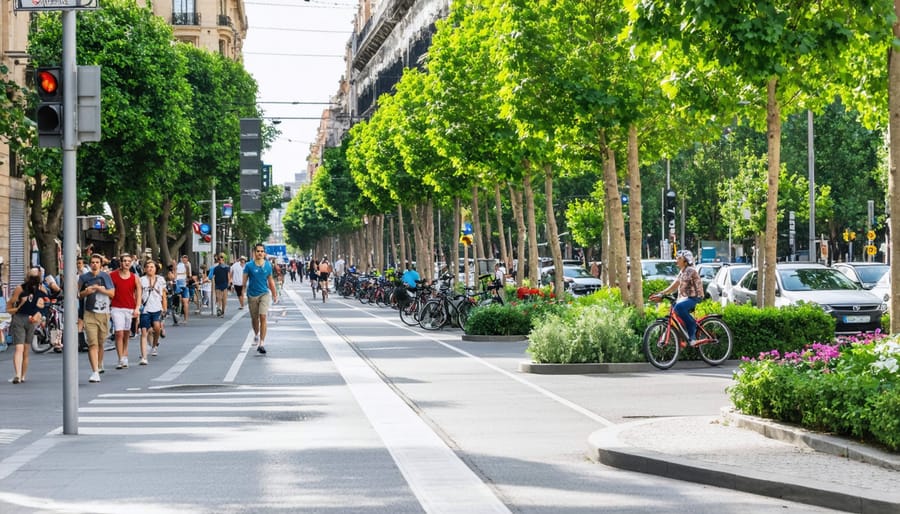 Before and after comparison of Barcelona street converted into a pedestrian-friendly superblock