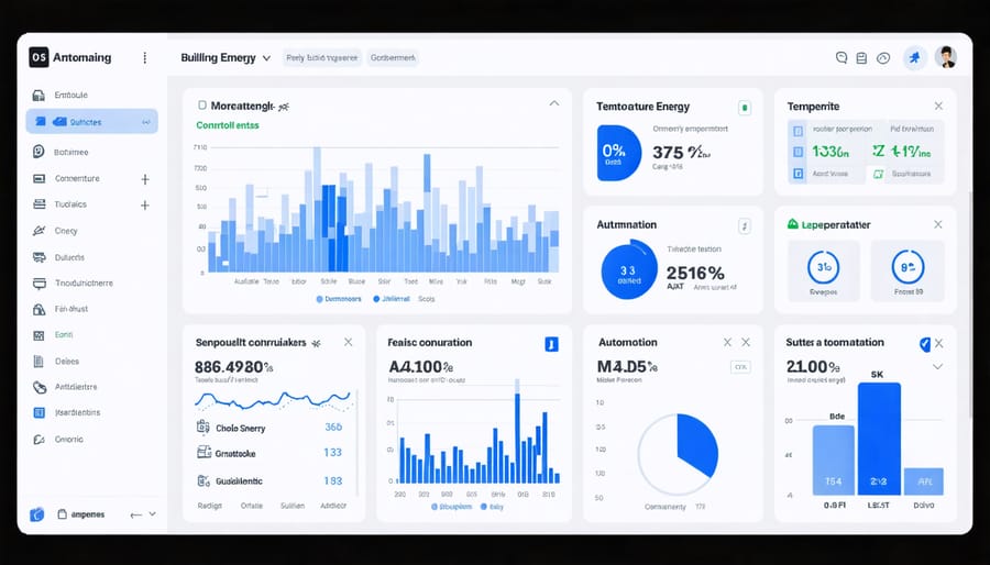 Interactive BEMS dashboard displaying multiple building energy monitoring parameters and control systems