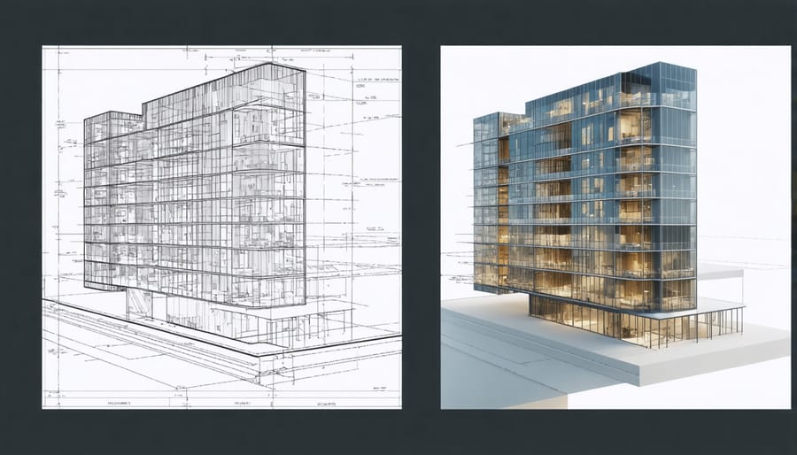 Side-by-side comparison of traditional CAD drawing and AI-enhanced BIM visualization