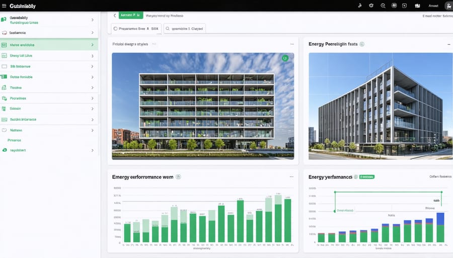 Building Information Modeling interface displaying sustainability analytics and performance data