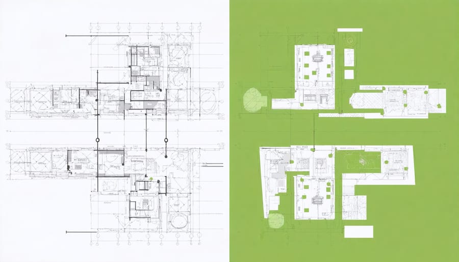 Side-by-side comparison of traditional construction plans and modern BIM sustainability analysis