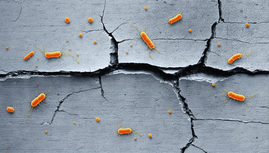 Microscopic image showing bacterial activity repairing cracks in self-healing concrete