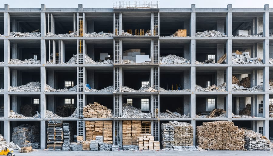 Construction workers systematically dismantling a building with sorted material piles visible