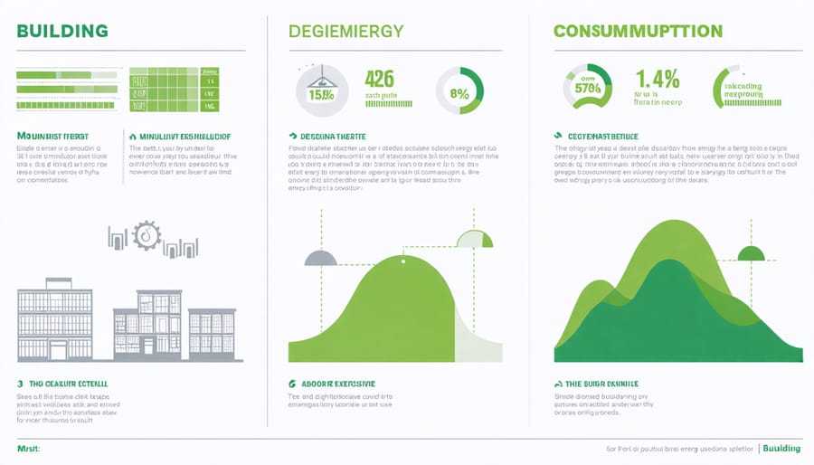 Visual breakdown of building energy performance metrics including heating, cooling, and lighting consumption data