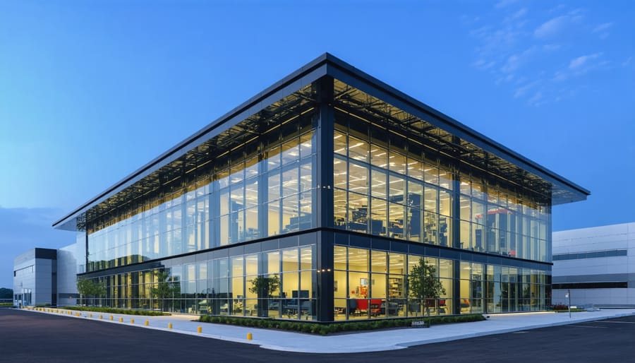 Contemporary commercial building with solar glass windows and visible renewable energy integration