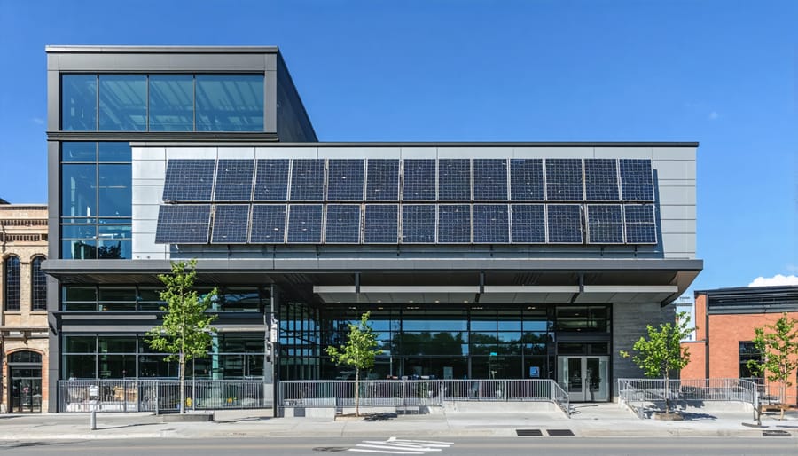 The Bullitt Center building in Seattle with prominent rooftop solar panels and green design features