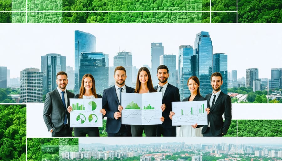 A group of confident professionals holding blueprints and green building certifications stand in front of a modern skyline with buildings featuring solar panels and green roofs, symbolizing the transformation of construction practices by Certified Green Building Professionals.