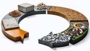 A conceptual illustration of the circular economy in construction, showing the transformation of waste materials like concrete, steel, and timber into new building resources, emphasizing sustainability and economic savings.