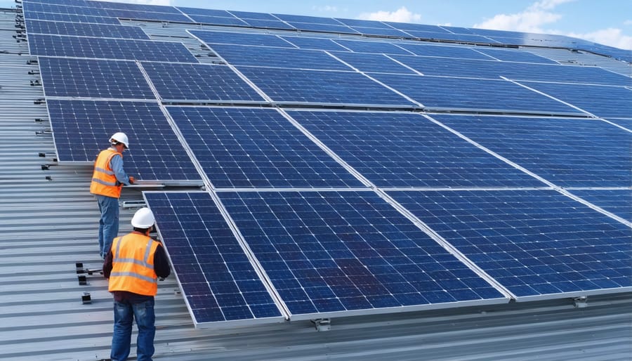 Construction workers installing solar panels on a commercial building rooftop