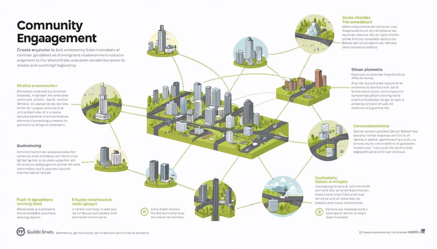 Visual diagram of community engagement processes including public meetings, surveys, and collaborative planning sessions