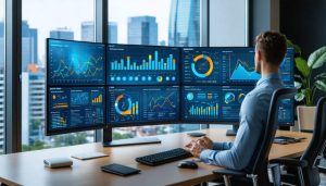 A real estate analyst reviews complex data on multiple screens, showcasing property valuations and market forecast tools, with a city skyline view in the background.