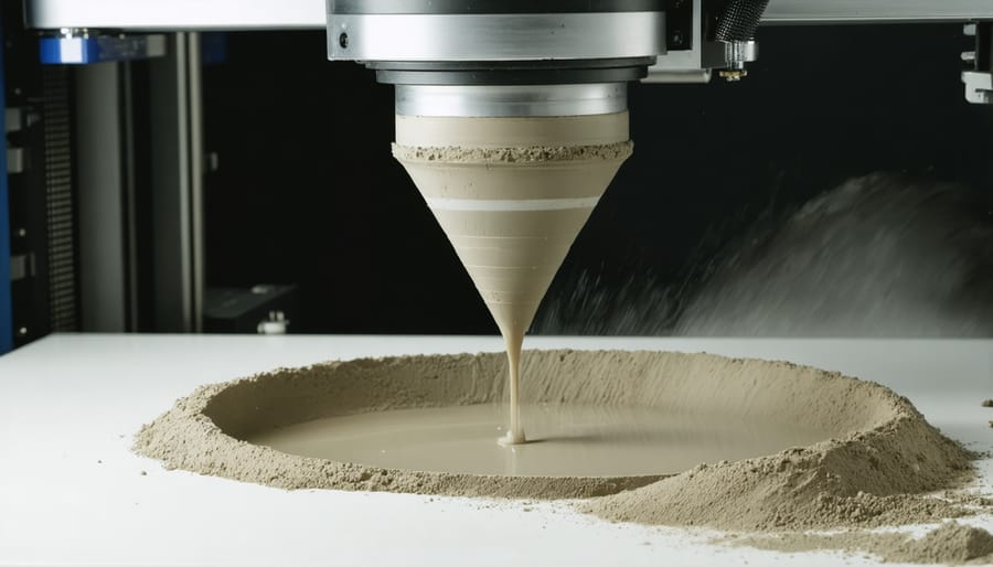 Detailed view of 3D printed concrete layers being deposited through printing nozzle