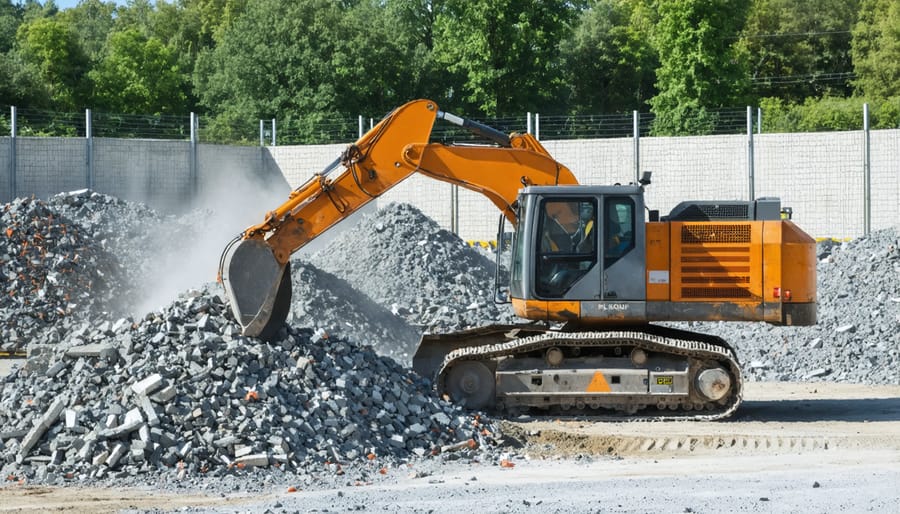 Industrial concrete recycling process with crushed material sorting on a construction site