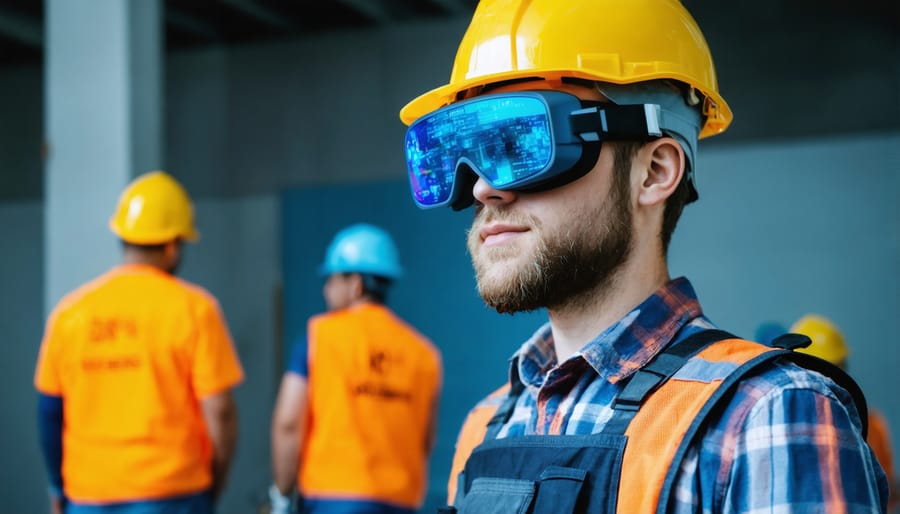 Construction professional using wearable technology and smart safety equipment on site