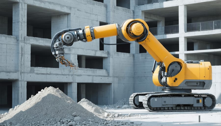 Large-scale 3D printing robot extruding concrete layers to form building walls