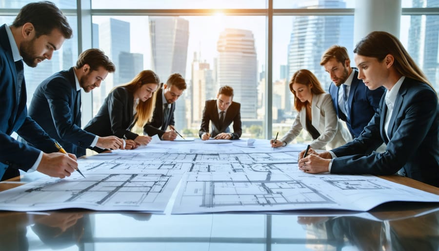 A group of professional arbitrators, including engineers, legal experts, and construction professionals, reviewing detailed blueprints and contract documents at a meeting table, illustrating a construction arbitration session.