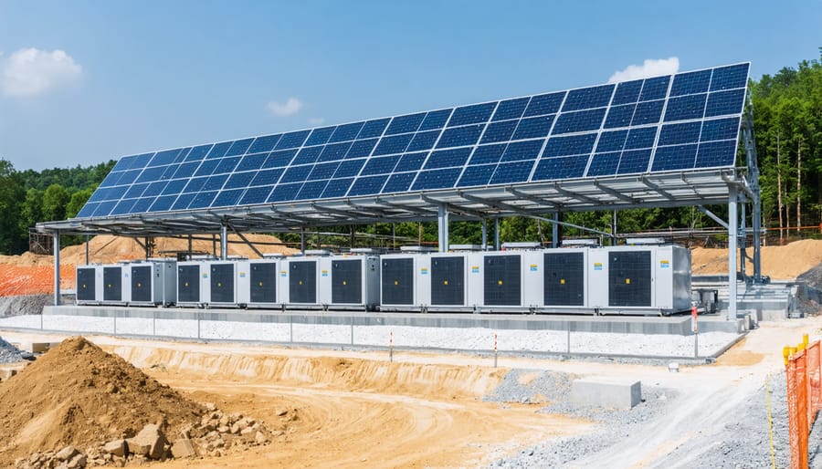 Large-scale battery storage system with rows of industrial batteries connected to a construction project