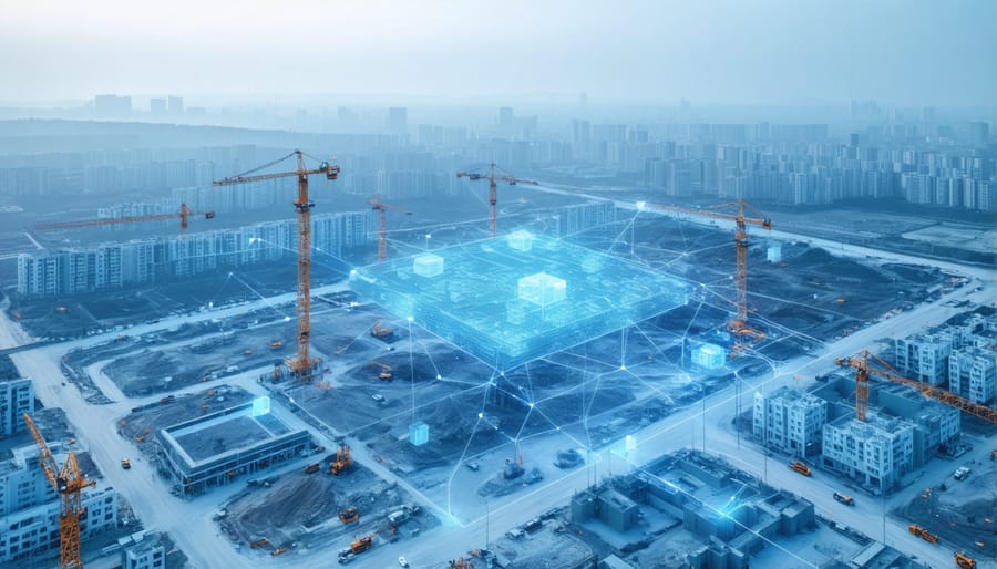 Bird's eye view of construction project with digital blockchain network elements superimposed