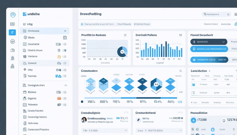 Construction crowdfunding platform interface showing project metrics and funding progress