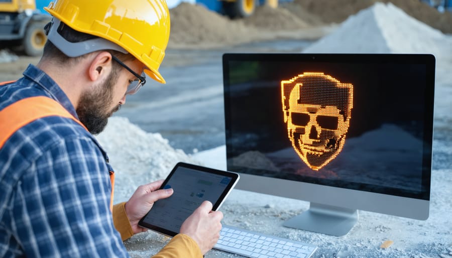 Construction professional using digital device contrasted with cybersecurity threat display