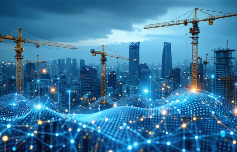 Conceptual artwork illustrating the evolution of construction financing with a city skyline, construction cranes, digital network patterns, and symbols representing blockchain, AI, and sustainability.