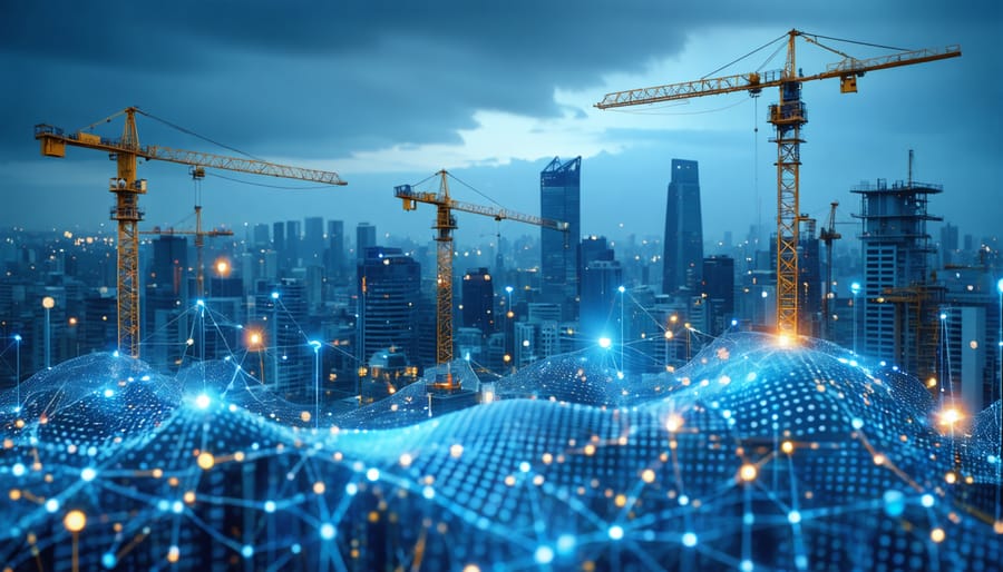 Conceptual artwork illustrating the evolution of construction financing with a city skyline, construction cranes, digital network patterns, and symbols representing blockchain, AI, and sustainability.