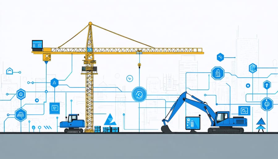 IoT sensors actively monitoring construction site inventory with visible data streams