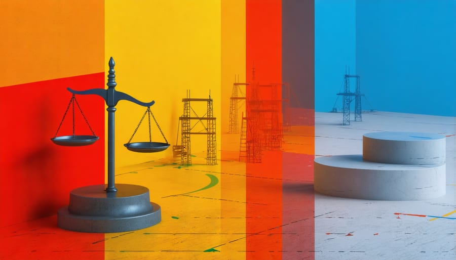 Modern construction site visualization with gavel, scales of justice, and regulatory compliance symbols