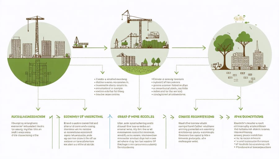 Circular flow diagram illustrating construction material lifecycle from sourcing through recycling