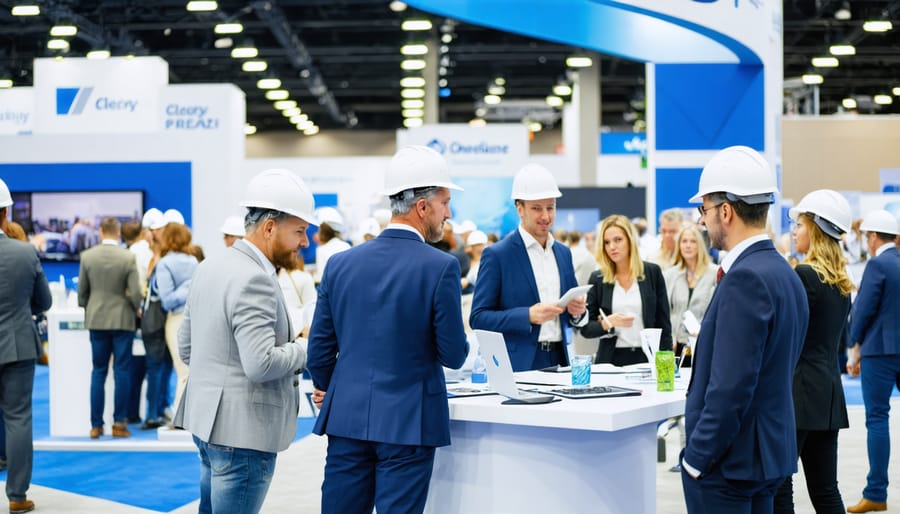 Construction industry professionals networking at an organized trade show with GICS-based exhibition areas