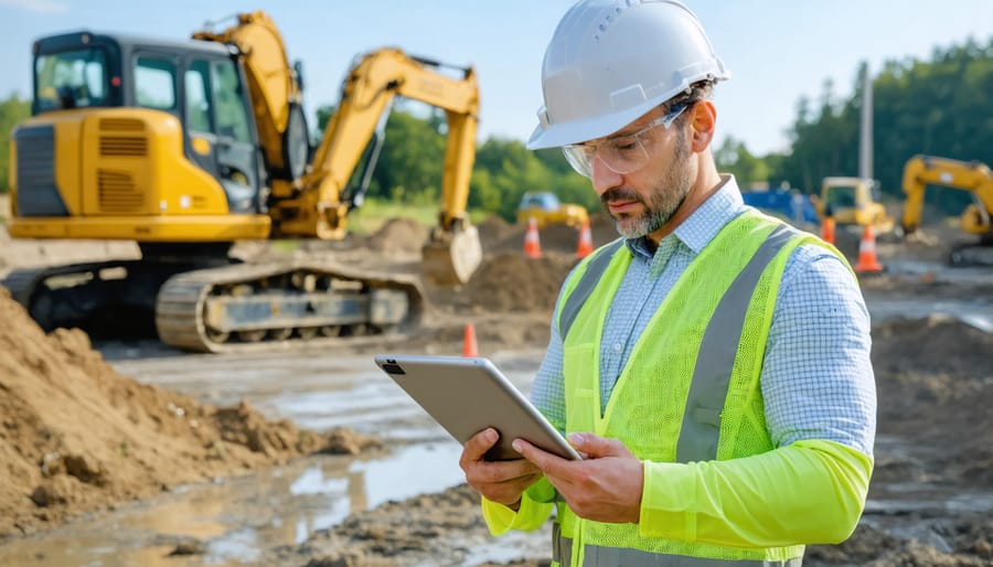 Construction quality inspector using digital tablet for site inspection