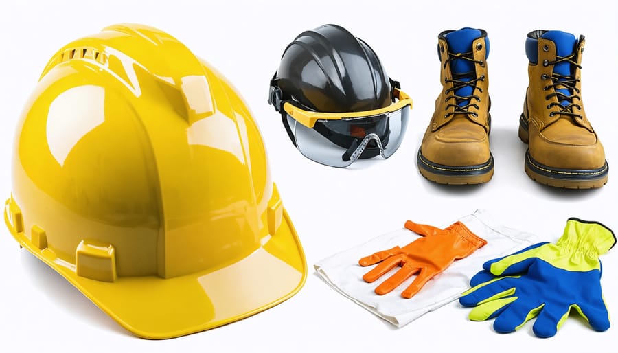 Essential safety equipment layout for DIY construction including PPE