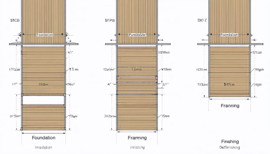 Progressive stages of DIY deck construction from foundation to completion