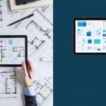 A split-screen image showing the contrast between traditional paper blueprints and modern digital construction plans displayed on a tablet, highlighting the evolution in construction communication.