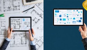 A split-screen image showing the contrast between traditional paper blueprints and modern digital construction plans displayed on a tablet, highlighting the evolution in construction communication.