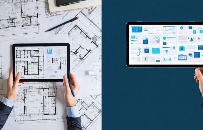 A split-screen image showing the contrast between traditional paper blueprints and modern digital construction plans displayed on a tablet, highlighting the evolution in construction communication.