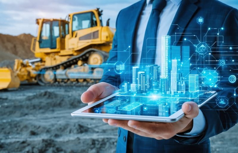 Construction manager using a tablet with a holographic projection of a construction site, highlighting digital integration with AI, IoT, and data analytics.