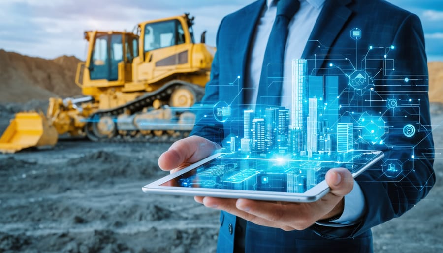 Construction manager using a tablet with a holographic projection of a construction site, highlighting digital integration with AI, IoT, and data analytics.