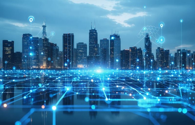 Conceptual illustration of a city skyline blended with digital network lines and glowing nodes, symbolizing the integration of digital infrastructure systems in urban environments.