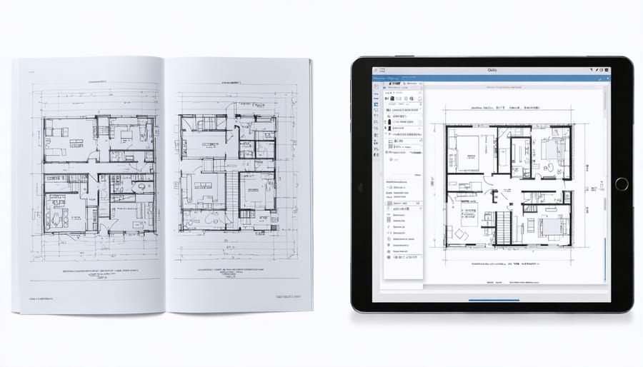 Comparison of traditional paper construction documents versus digital platform viewing on tablet