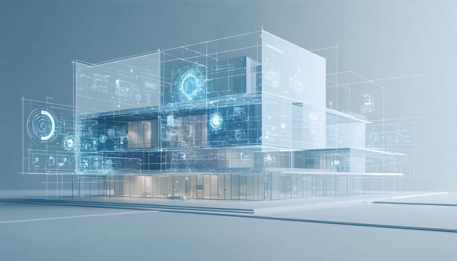 Digital twin visualization of a smart building showing integrated systems and data monitoring