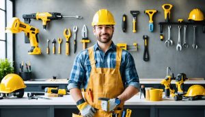 "Homeowner in a modern DIY workshop wearing safety gear and working on a home improvement project, surrounded by organized tools and equipment."