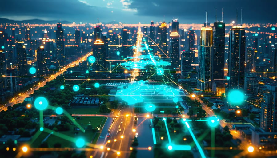 A conceptual illustration of a smart city with interconnected IoT networks, showcasing modern skyscrapers and sustainable energy solutions as part of its infrastructure.