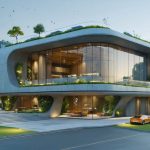 Futuristic building featuring ecosmart construction materials like integrated solar panels, green roof, and self-healing concrete highlighting modern sustainable architecture.