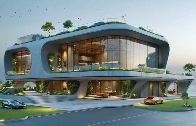 Futuristic building featuring ecosmart construction materials like integrated solar panels, green roof, and self-healing concrete highlighting modern sustainable architecture.