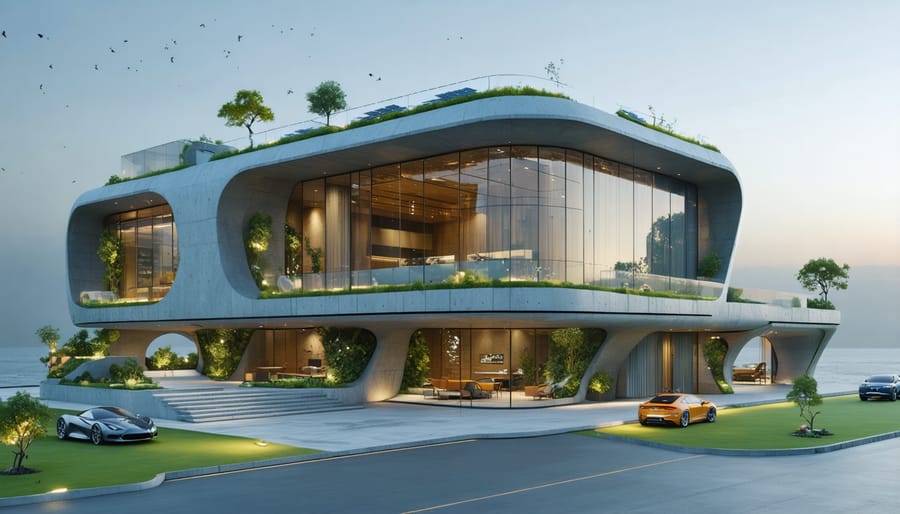 Futuristic building featuring ecosmart construction materials like integrated solar panels, green roof, and self-healing concrete highlighting modern sustainable architecture.