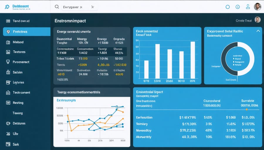 Digital dashboard displaying construction site energy usage and sustainability metrics